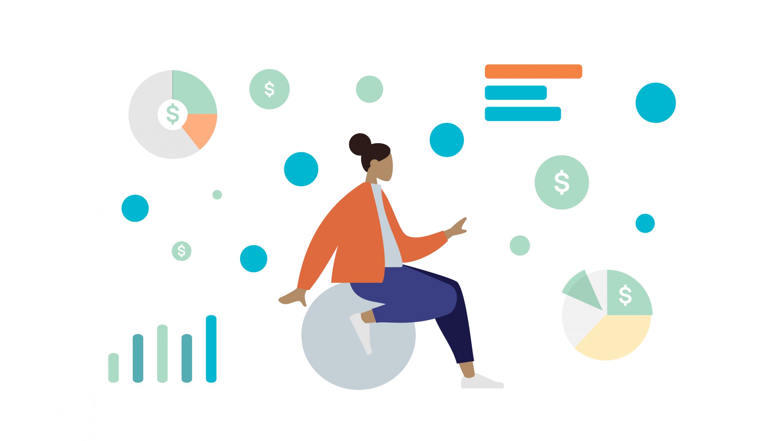 evaluate-solar-savings Graphic of woman surrounded by representations of money.
