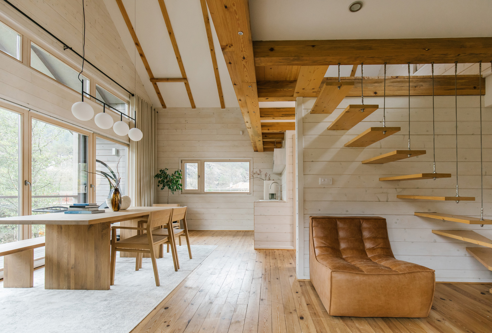 Interior of house designed in natural wood.